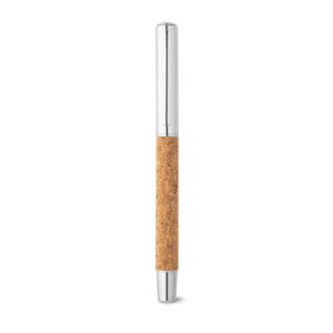 ANDREW. Caneta roller em aço inox 90% reciclado e cortiça com escrita em azul