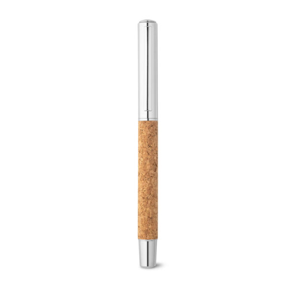 ANDREW. Caneta roller em aço inox 90% reciclado e cortiça com escrita em azul
