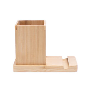 ERWIN. Conjunto de secretária com suporte para celular e copo, em bambu