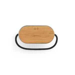 GUETTA. Caixa de som de 5W com carregador por indução super-rápido e autonomia de 2h (1'200 mAh), em bambu e PET 100% reciclado
