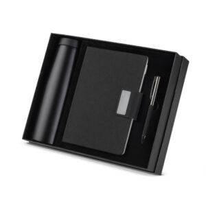 Kit escritório Caderno, Garrafa e Caneta Metalica