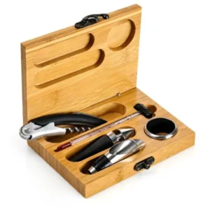 ACESSÓRIOS PARA VINHO COM ESTOJO EM BAMBU - 6 PÇS
