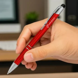 CANETA ESFEROGRÁFICA EM ALUMÍNIO COM PONTA TOUCH VERMELHA