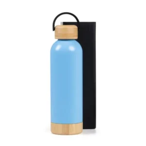 GARRAFA PAREDE DUPLA COM DETALHES EM BAMBU - AZUL - 500 ML