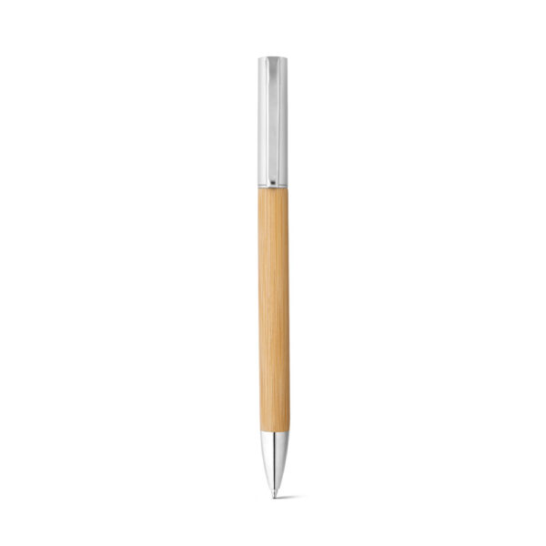 BEAL. Caneta esferográfica em bambu e ABS com acabamento metálico mate e escrita em azul