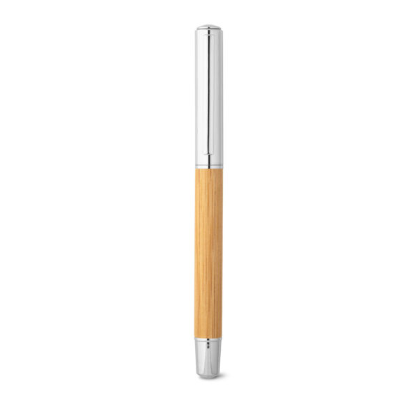ELYSIA. Caneta roller em aço inox 90% reciclado e bambu com escrita em azul