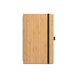 BUARQUE A5. Caderno A5 de capa e contracapa em placa de bambu e lombada em PET 100% reciclado, com páginas pautadas recicladas