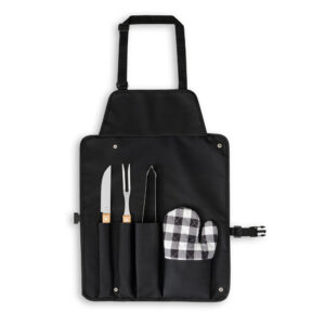 CHAMP. Kit churrasco com 3 utensílios em aço inox e madeira de Seringueira e luva