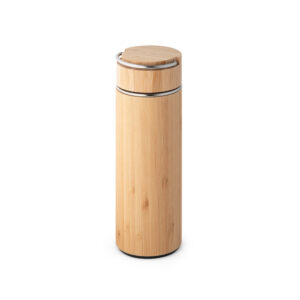 SOW. Garrafa térmica em aço inox e bambu, de parede dupla isolada a vácuo (440 mL)
