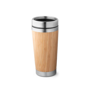 PIETRO. Copo de viagem térmico em aço inox e bambu, de parede dupla isolada a ar (500 mL)
