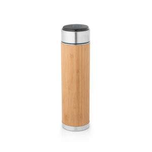 JOSHUA. Garrafa térmica em aço inox e bambu, de parede dupla isolada a vácuo, com termómetro digital (430 mL)