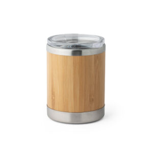 LYCKA. Copo de viagem térmico em aço inox e bambu, de parede dupla isolada a ar e fecho deslizante (350 mL)