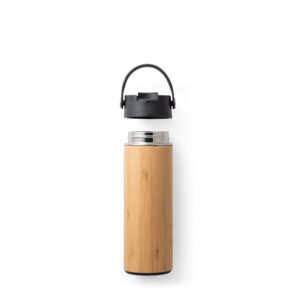LAVER. Garrafa térmica em aço inox e bambu, de parede dupla isolada a vácuo (440 mL)