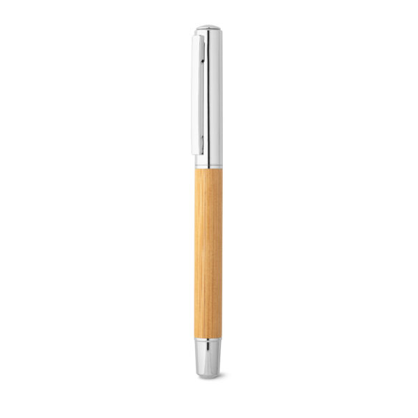 ELYSIA. Caneta roller em aço inox 90% reciclado e bambu com escrita em azul
