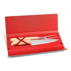 KIT GARFO E FACA INOX / MADEIRA COM ESTOJO VERMELHO 3 PÇS