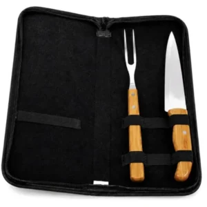 KIT GARFO, FACA  INOX/BAMBU COM ESTOJO E AVENTAL - 4 PÇS