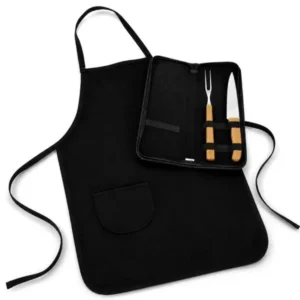 KIT GARFO, FACA  INOX/BAMBU COM ESTOJO E AVENTAL - 4 PÇS