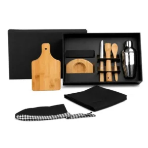 KIT PARA CAIPIRINHA EM BAMBU / MADEIRA COM AVENTAL E BANDANA - 0,35 L - 8 PÇS