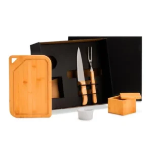 KIT PARA CHURRASCO EM BAMBU / MADEIRA / INOX - 5 PÇS