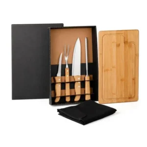 KIT PARA CHURRASCO EM BAMBU / MADEIRA / INOX COM AVENTAL - 6 PÇS