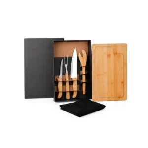 KIT PARA CHURRASCO EM BAMBU / MADEIRA / INOX COM AVENTAL - 6 PÇS
