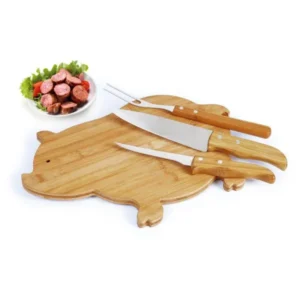 KIT PARA COZINHA COM TÁBUA PORCO EM BAMBU / MADEIRA / INOX - 4 PÇS