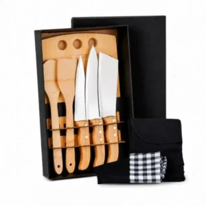 KIT PARA COZINHA EM BAMBU / MADEIRA / INOX COM AVENTAL E TOUCA - 8 PÇS