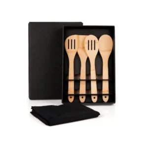 KIT UTENSÍLIOS EM BAMBU 30 CM COM AVENTAL - 5 PÇS