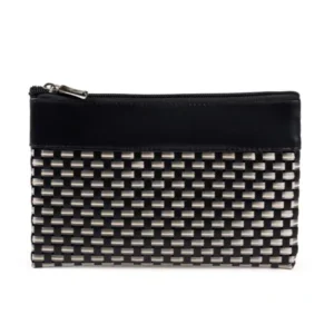 NECESSAIRE EM PVC E MATERIAL SINTÉTICO - PRETO / XADREZ BEGE - 19X14 CM