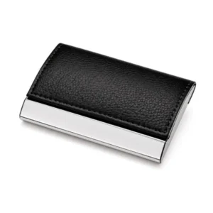 PORTA-CARTÃO EM METAL CROMADO E MATERIAL SINTÉTICO PRETO