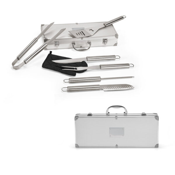 MACE. Kit churrasco em estojo de alumínio com luva de cozinha em poliéster e 6 utensílios em aço inox