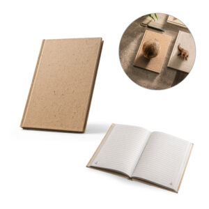 COCOPAD. Caderno A5 em casca de coco (60%) e trapos de algodão (40%), com 160 páginas pautadas recicladas