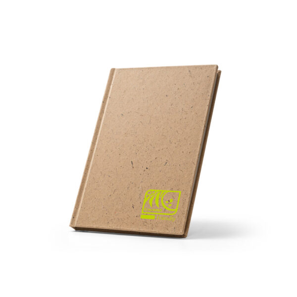 COCOPAD. Caderno A5 em casca de coco (60%) e trapos de algodão (40%), com 160 páginas pautadas recicladas