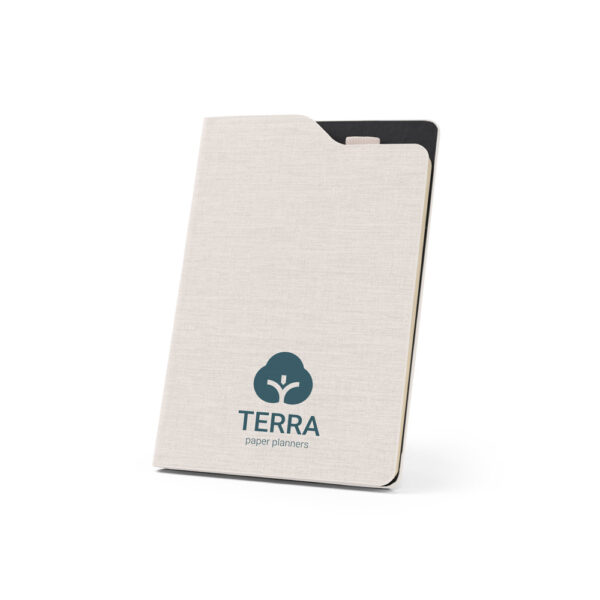 LOBATO. Caderno A5 de capa dura em tecido PET 100% reciclado, com páginas pautadas recicladas