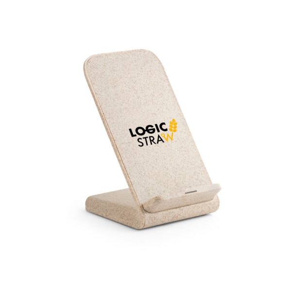 MAXWELL. Suporte para celular com carregador por indução super-rápido (15W), em fibra de palha de trigo e ABS