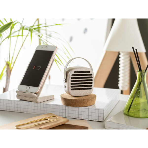 MAXWELL. Suporte para celular com carregador por indução super-rápido (15W), em fibra de palha de trigo e ABS