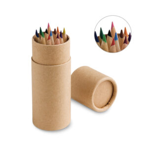 CRICKET. Caixa cilíndrica em papel kraft reciclado com 12 lápis de cor