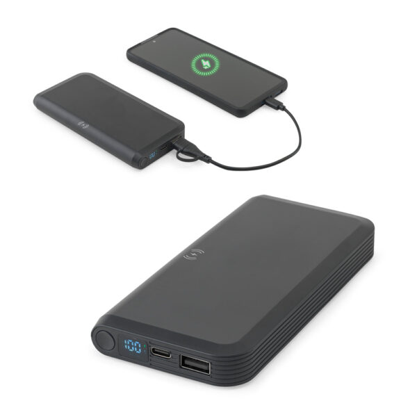 BECKER 10. Bateria portátil com carregador por indução super-rápido (10’000 mAh), em ABS 100% reciclado