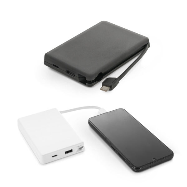 LATTES. Bateria portátil com cabo integrado, em ABS 100% reciclado (10’000 mAh)