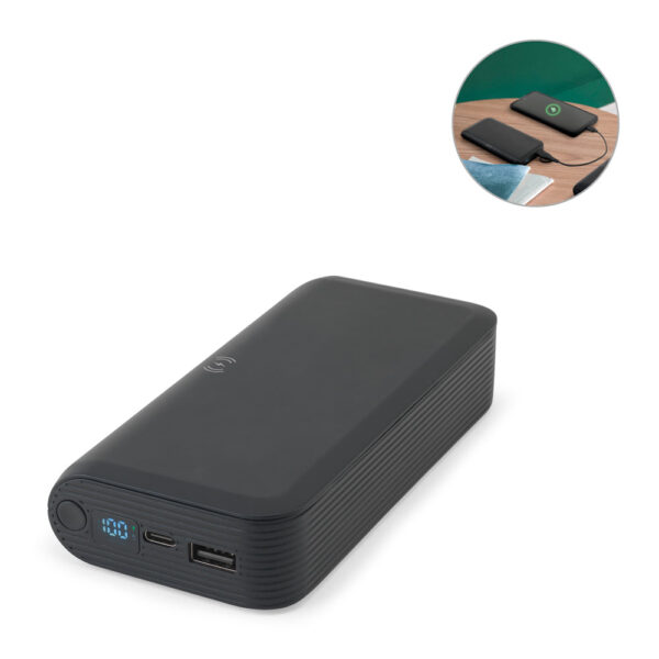 BECKER 20. Bateria portátil com carregador por indução super-rápido (20’000 mAh), em ABS 100% reciclado