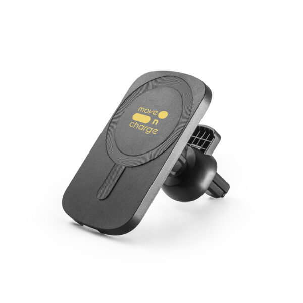 KOCH. Carregador magnético por indução super-rápido (wireless) com a funcionalidade de suporte para carro, em ABS 60% reciclado e silicone