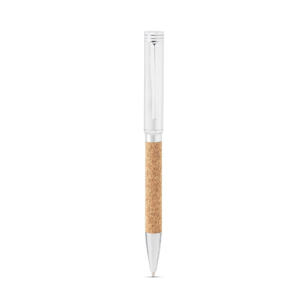 EVANS. Conjunto composto por uma caneta esferográfica e chaveiro, ambos em metal e cortiça