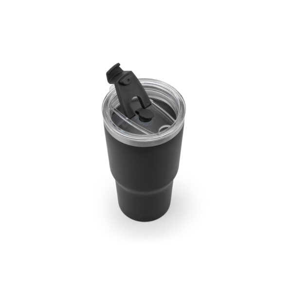 JOYNER M. Copo de viagem térmico e compacto, em aço inox 91% reciclado de parede dupla isolada a vácuo, com acabamento mate (600 mL)