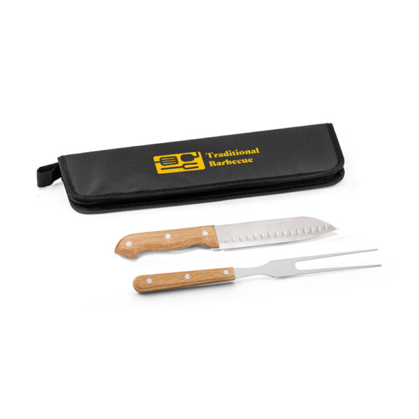 LOVAGE. Kit churrasco com estojo em 210D com 2 utensílios em aço inox e cabos em madeira