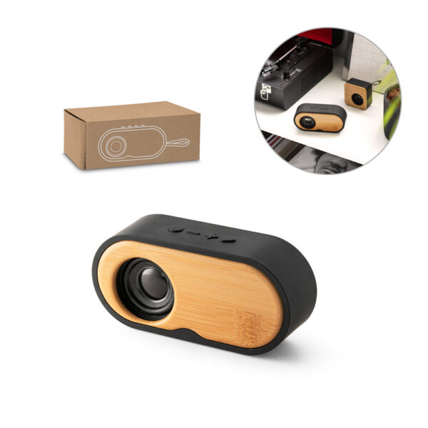 TILLY. Caixa de som portátil com autonomia de 5h (1’200 mAh), em bambu e ABS 100% reciclado