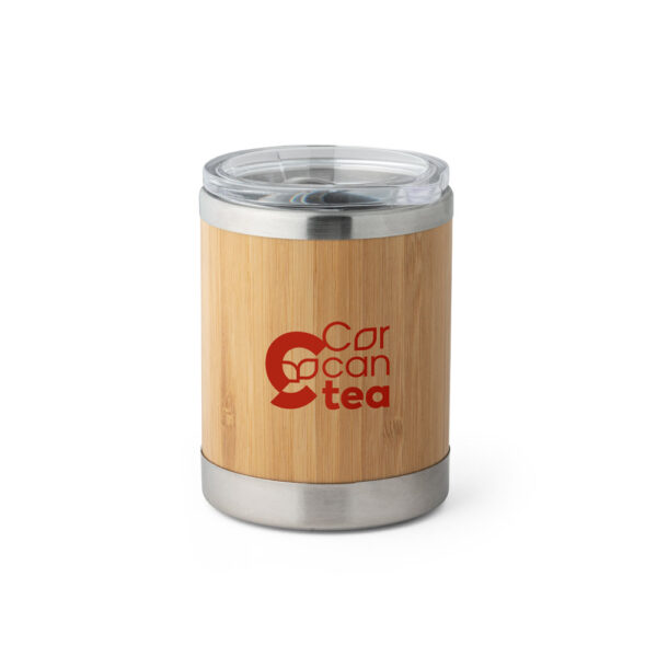 LYCKA. Copo de viagem térmico em aço inox e bambu, de parede dupla isolada a ar e fecho deslizante (350 mL)