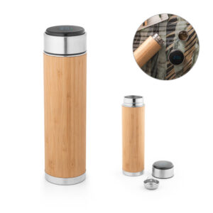JOSHUA. Garrafa térmica em aço inox e bambu, de parede dupla isolada a vácuo, com termómetro digital (430 mL)