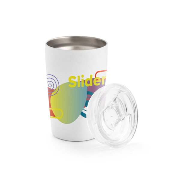 SLIDER. Copo de viagem térmico para sublimação em aço inox, de parede dupla isolada a vácuo (380 mL)