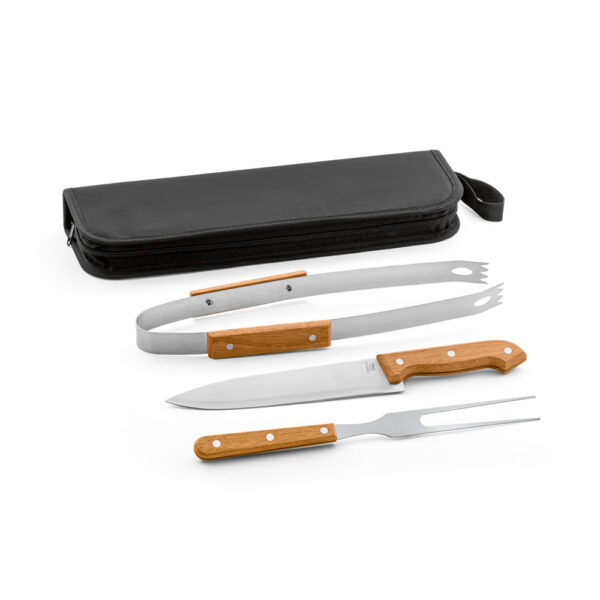 GARLIC. Kit churrasco em estojo de 210D com 3 utensílios em aço inox e madeira de Seringueira