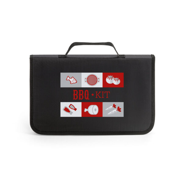 GARLIC KING. Kit churrasco em estojo de 210D com tábua em bambu e 5 utensílios em aço inox e madeira de Seringueira